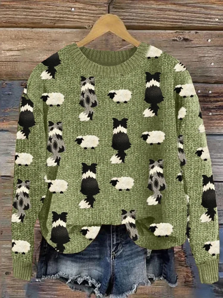 Loose Crew Neck Long Sleeve 3D Printing Dog Simple Regular Sweater
