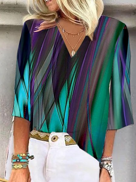 Loose Half Sleeve V Neck Gradient Pattern Fashion Regular Blouse