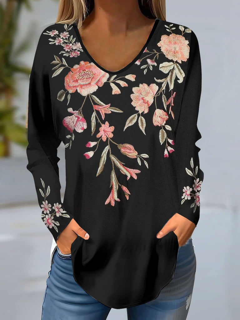 Fashion V Neck Long Sleeve Floral Loose Regular Blouse