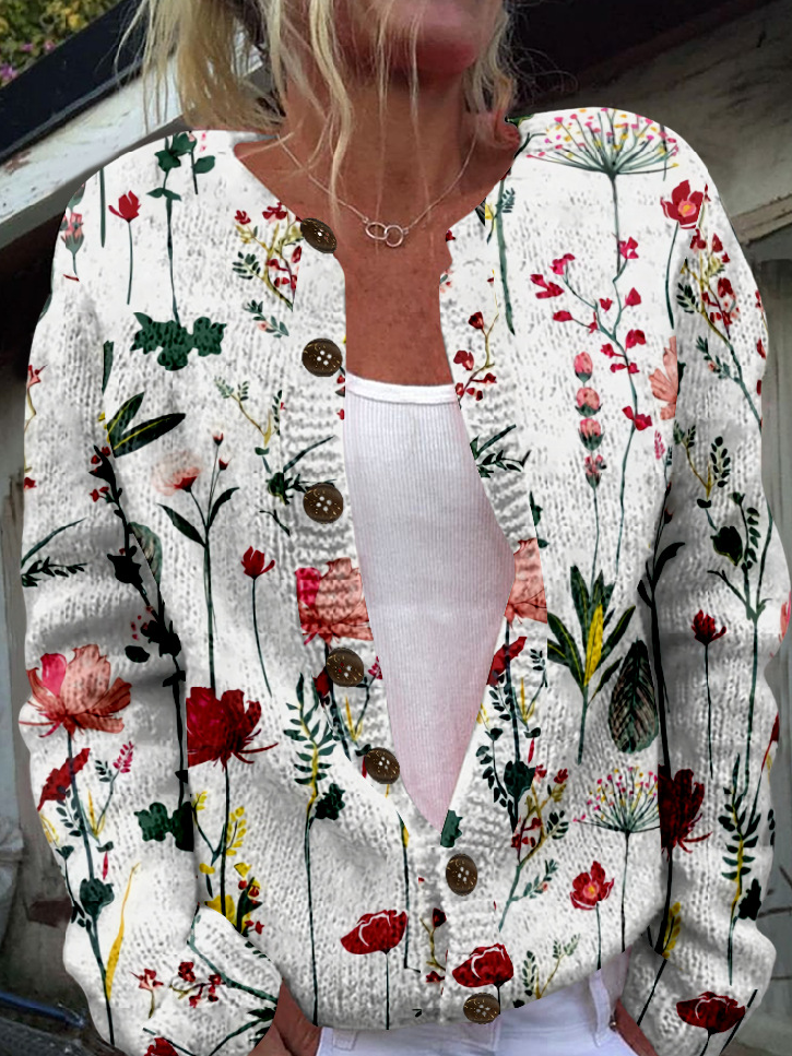 Loose Crew Neck Long Sleeve Floral Fashion Regular Jacket