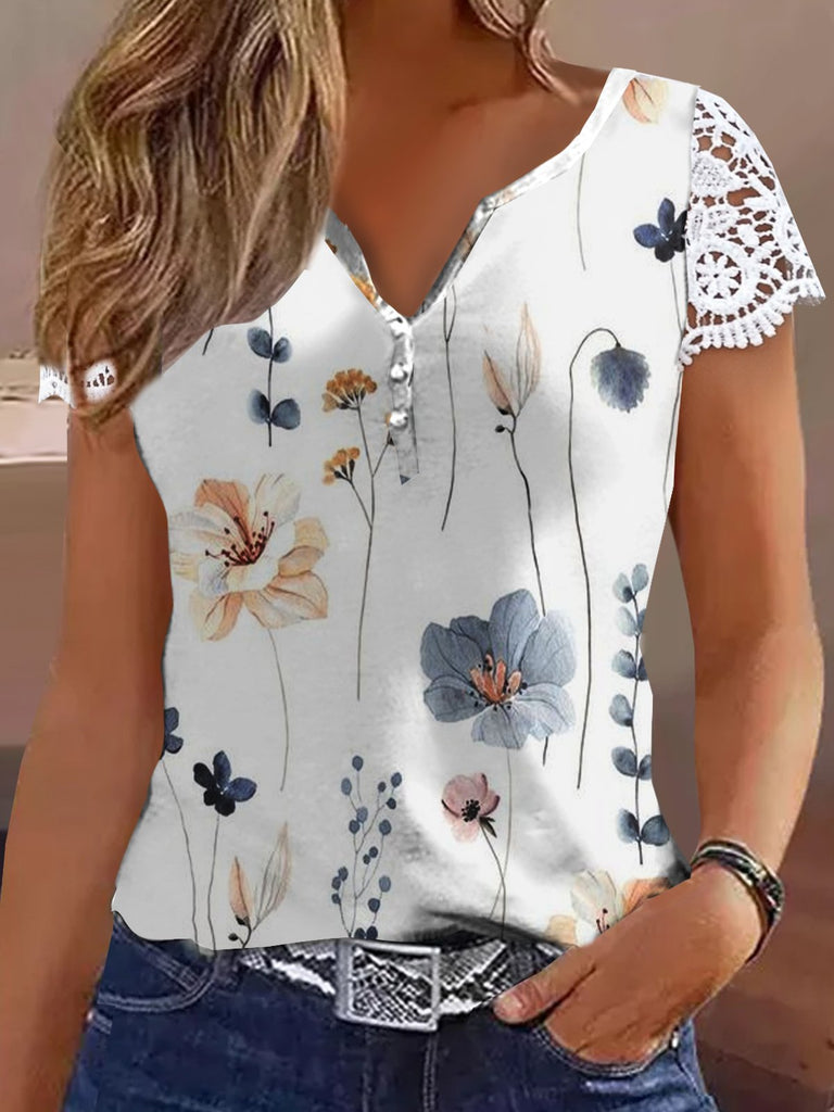 Loose V Neck Short Sleeve Floral Printing Fashion Regular Blouse