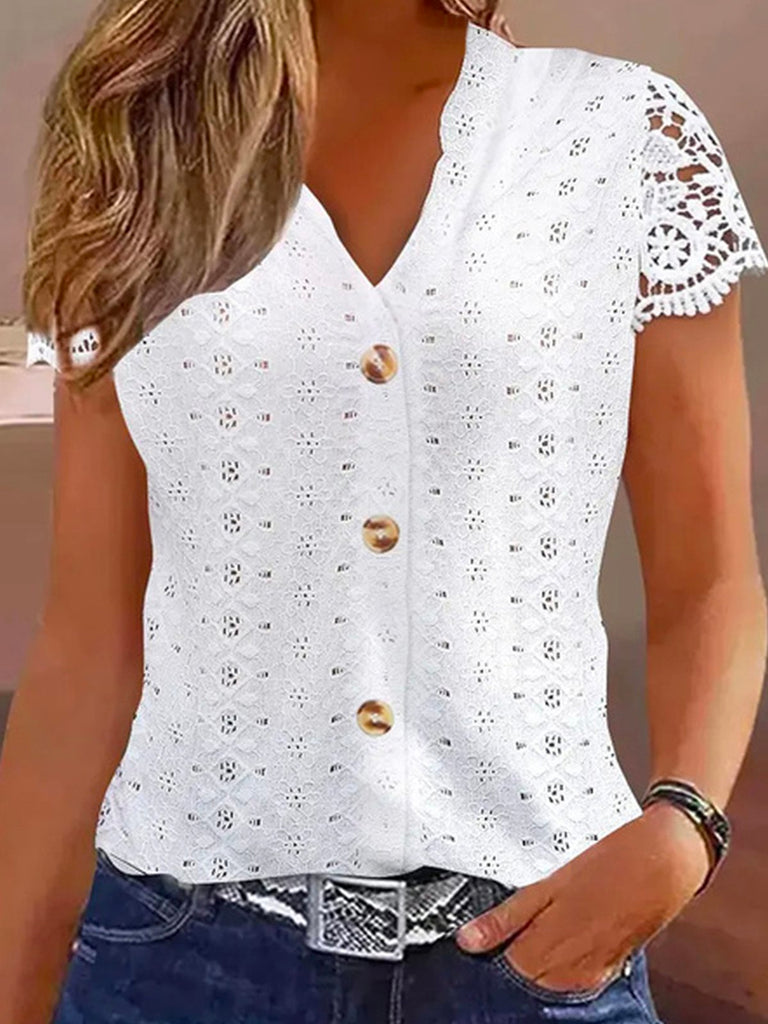 Fashion V Neck Short Sleeve Plain Loose Regular Shirt