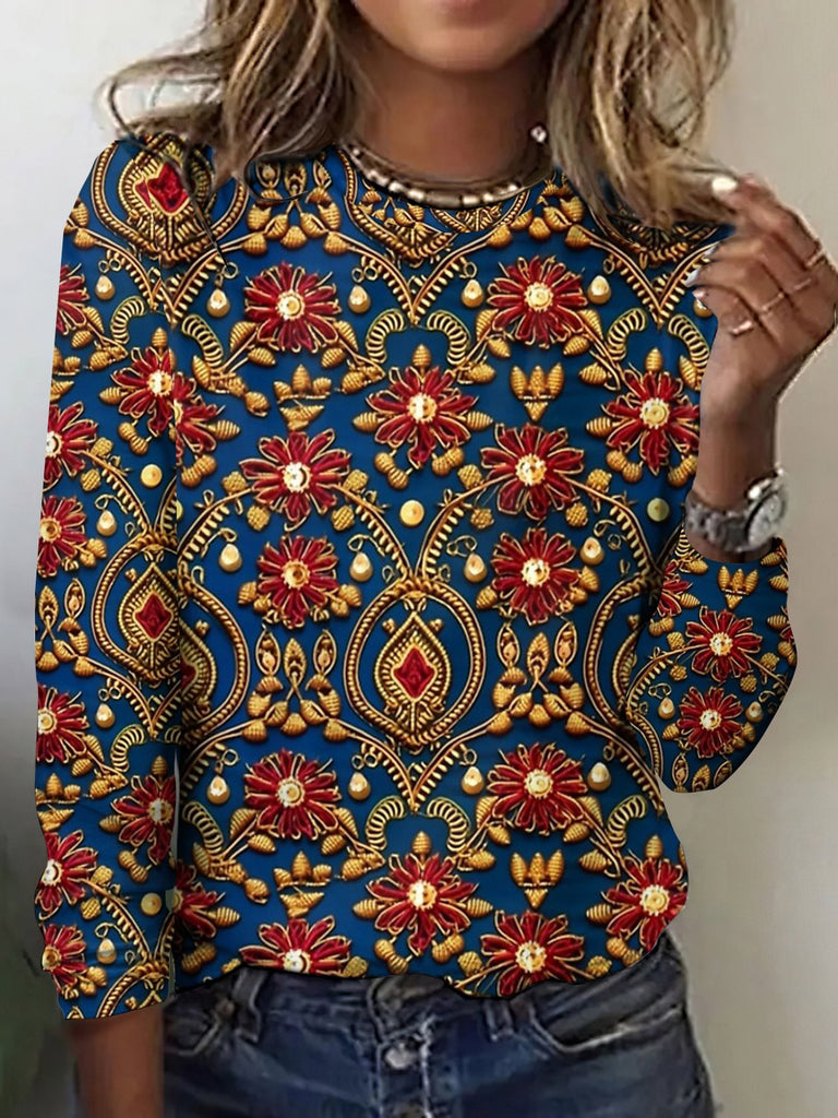 Crew Neck Long Sleeve Plaid Vintage Regular T-Shirt