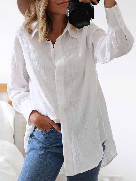 Loose Long Sleeve Shirt Collar Plain Fashion Regular Shirt