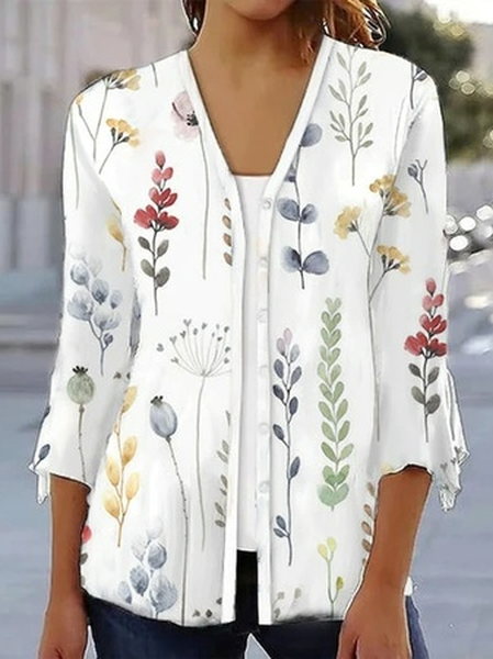 Loose V Neck Long Sleeve Floral Fashion Regular Jacket