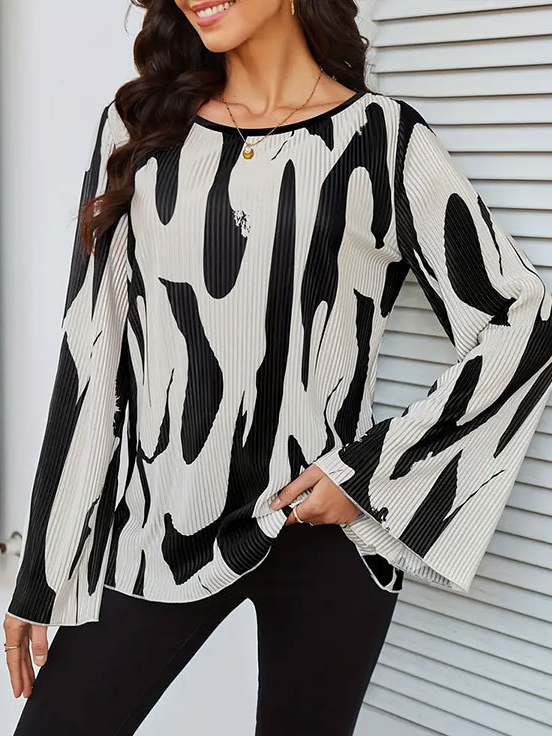 Fashion Crew Neck Long Sleeve Color Block Loose Regular Blouses