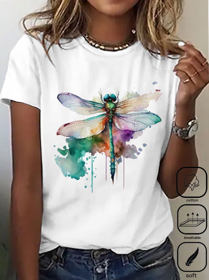 Casual Short Sleeve Crew Neck Dragonfly Fashion Regular T-Shirt