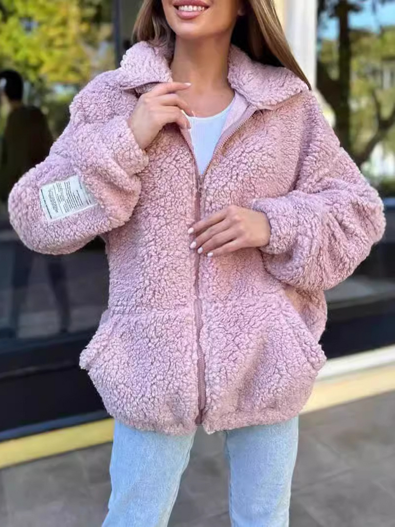 Loose Shirt Collar Long Sleeve Plain Zipper Fashion Regular Coat