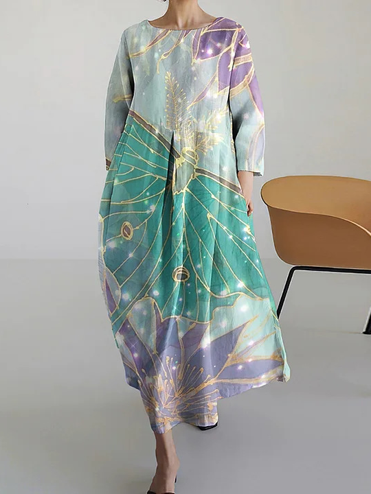 Fashion 3/4 Sleeve Crew Neck Floral Loose Maxi Dress