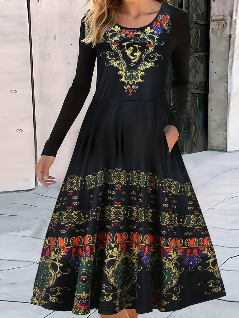 Fashion Crew Neck Long Sleeve Geometric Maxi Dress