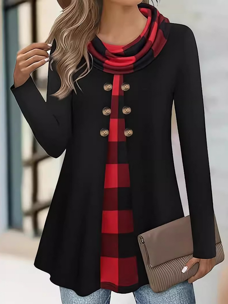 Loose Crew Neck Long Sleeve Plaid Fashion Mid-Long Blouses
