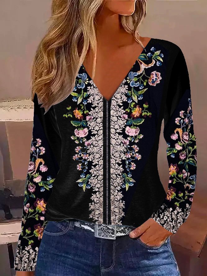 Fashion V Neck Long Sleeve Floral Casual Regular T-Shirt