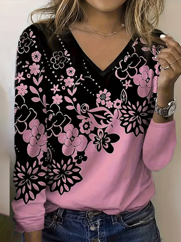 Casual V Neck Long Sleeve Floral Regular T-Shirt