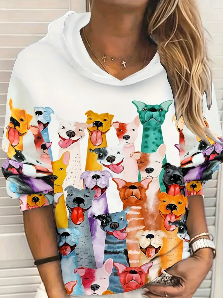 Casual Long Sleeve Hoodie Abstract Floral Dog Fashion Regular Sweatshirt