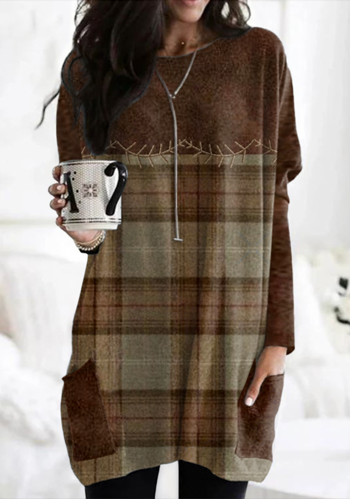 Crew Neck Long Sleeve Geometric Vintage Mid-Long T-Shirt