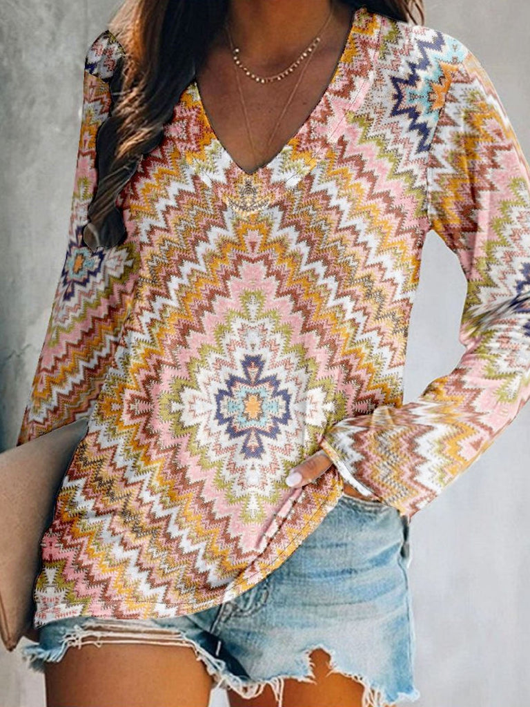 Casual V Neck Long Sleeve Ethnic Fashion Regular T-Shirt