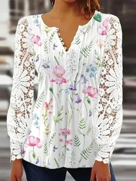 Fashion V Neck Long Sleeve Floral Loose Regular Blouse