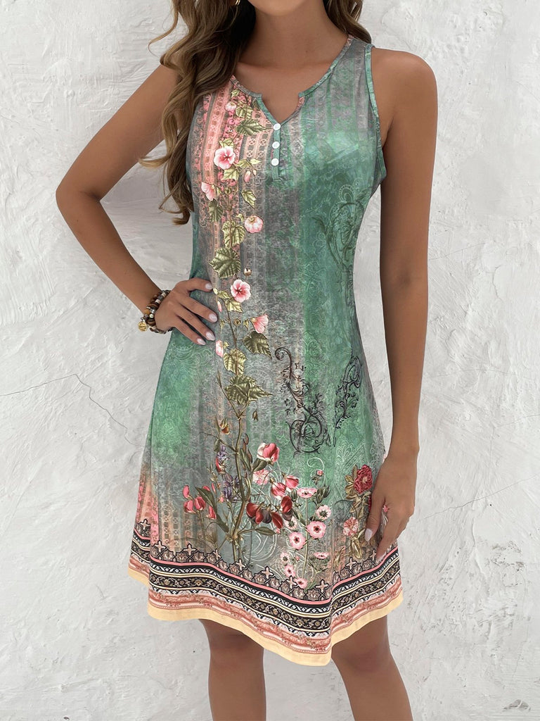 Fashion Sleeveless Notched Floral Loose Short Dress