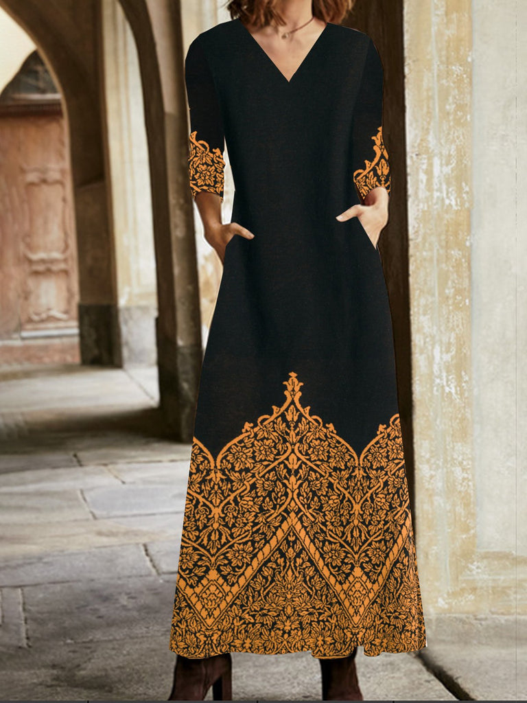 Vintage V Neck Long Sleeve Ethnic Maxi Dress