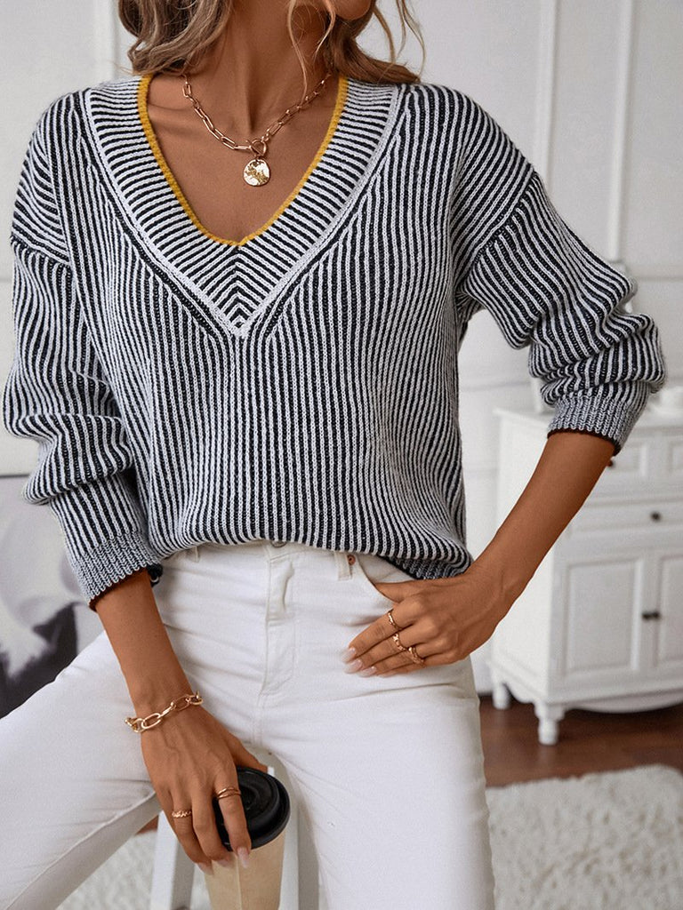Fashion V Neck Long Sleeve Plain Loose Regular Sweater