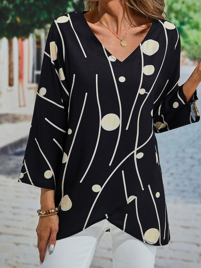 Fashion 3/4 Sleeve V Neck Printed Loose Mid-Long Blouse