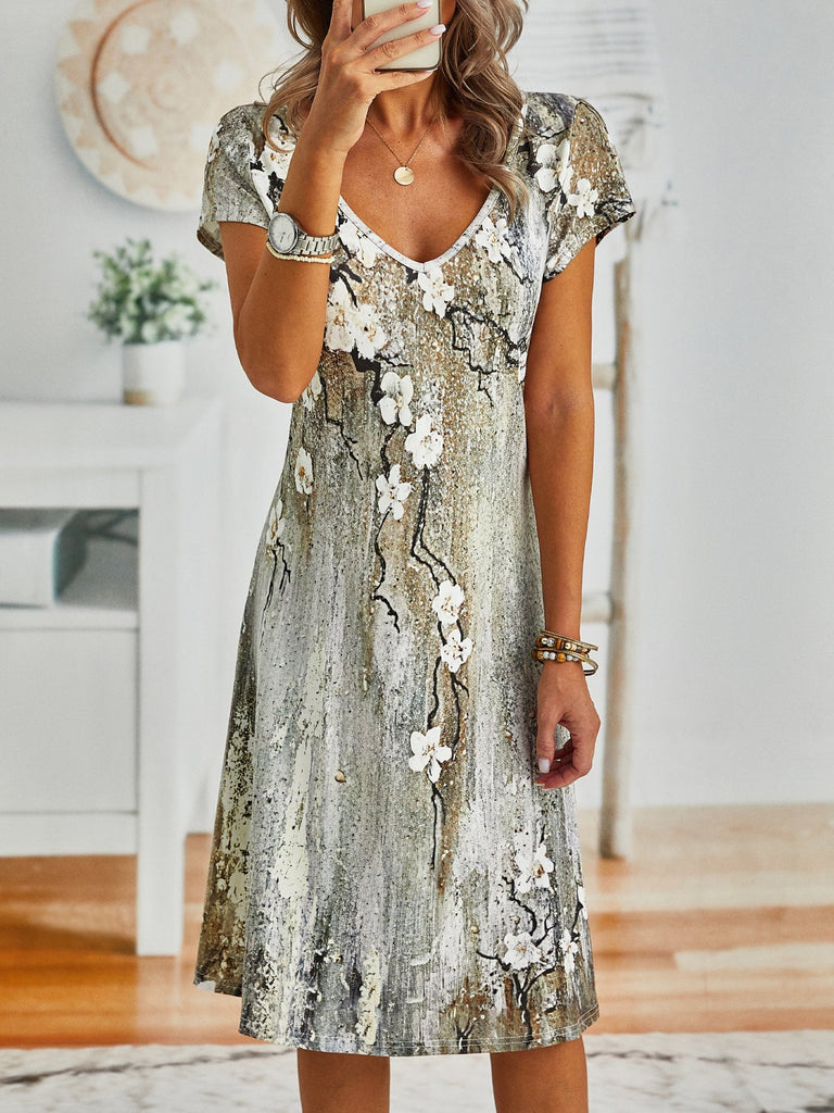 Fashion V Neck Short Sleeve Abstract Short Dress