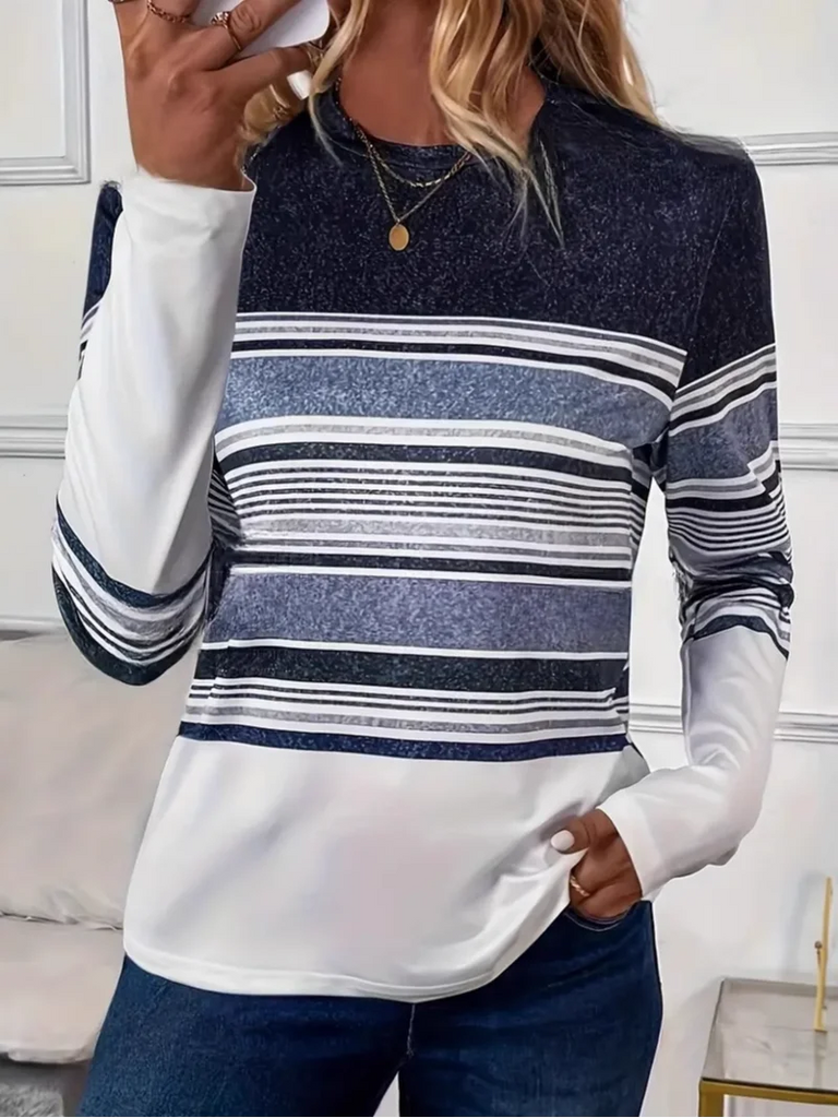 Loose Crew Neck Long Sleeve Striped Fashion Regular T-Shirt