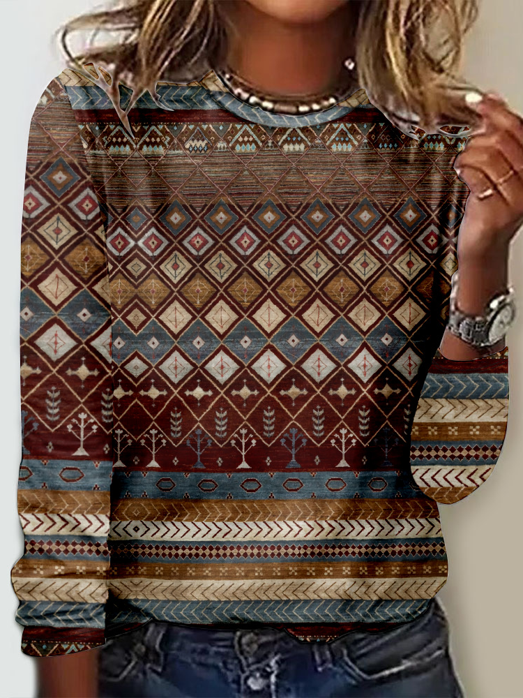 Casual Crew Neck Long Sleeve Ethnic Fashion Regular T-Shirt