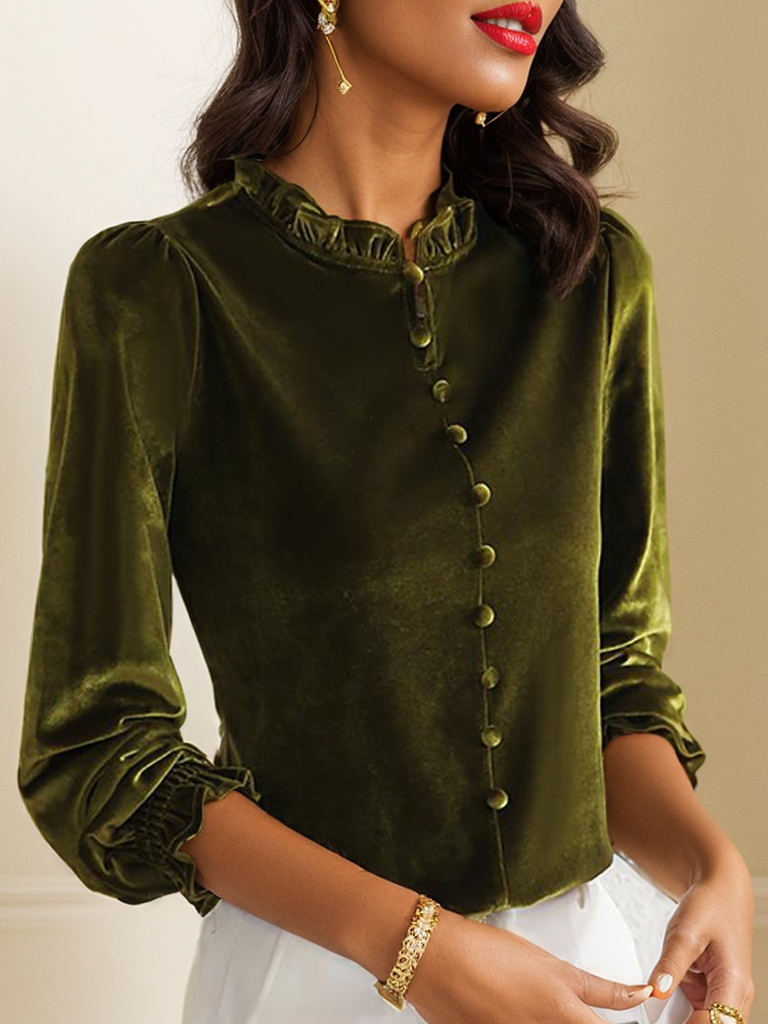 Fashion Long Sleeve Lotus Leaf Collar Plain Regular Blouse