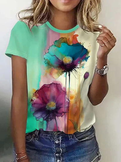 Fashion Short Sleeve Crew Neck Floral Casual Regular T-Shirt