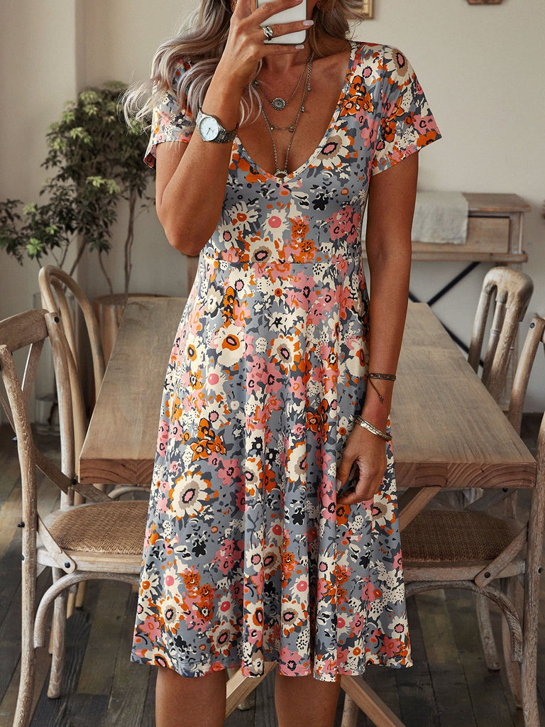 Fashion V Neck Short Sleeve Floral Short Dress
