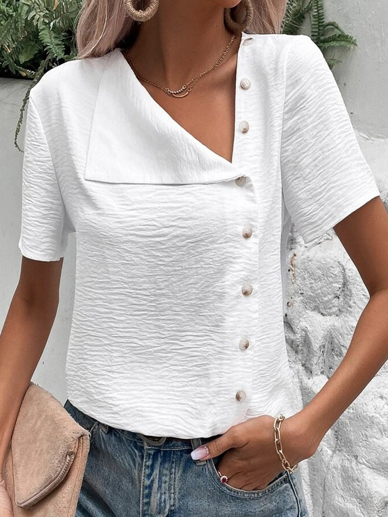 Fashion Short Sleeve Shawl Collar Plain Loose Regular Blouse