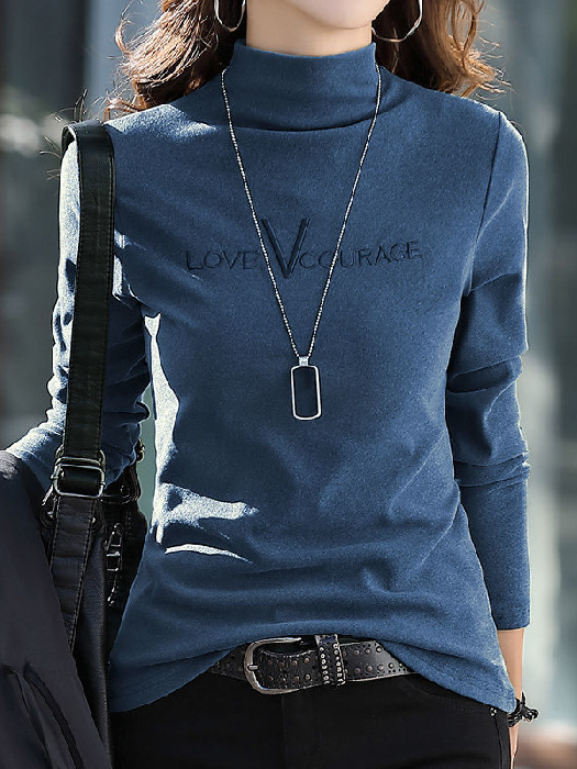 Fashion Long Sleeve Stand Collar Text Letters Loose Regular T-Shirt