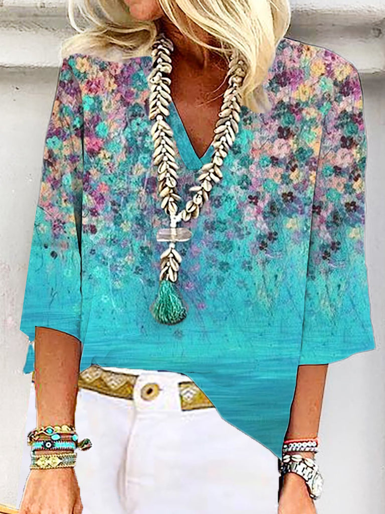 Fashion 3/4 Sleeve V Neck Floral Loose Regular Blouse