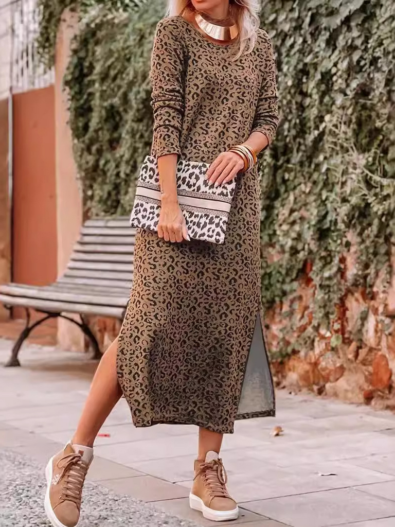 Fashion Crew Neck Long Sleeve Leopard Maxi Dress