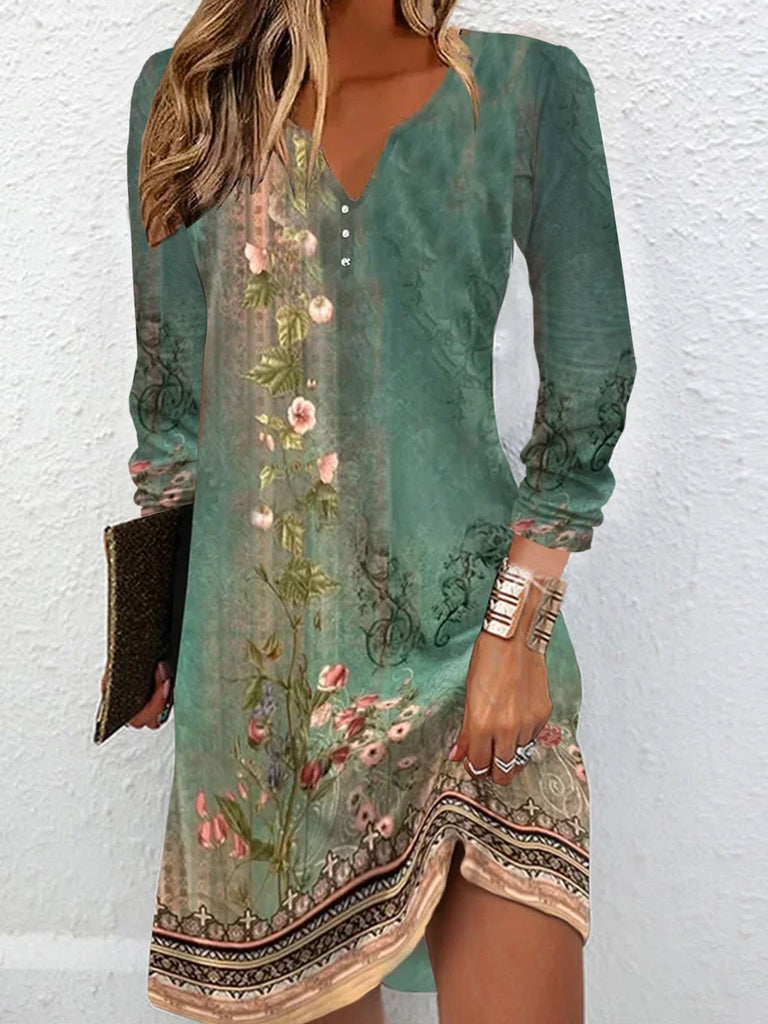 Fashion Long Sleeve Notched Floral Loose Short Dress