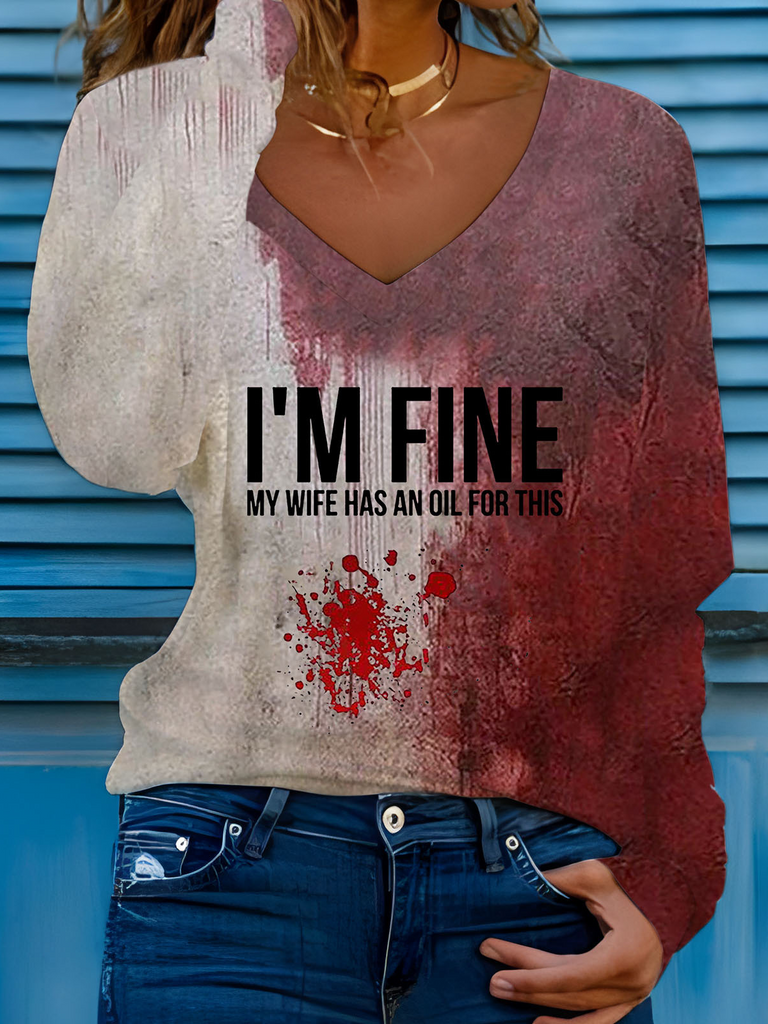 Fashion V Neck Long Sleeve Halloween Casual Regular T-Shirt