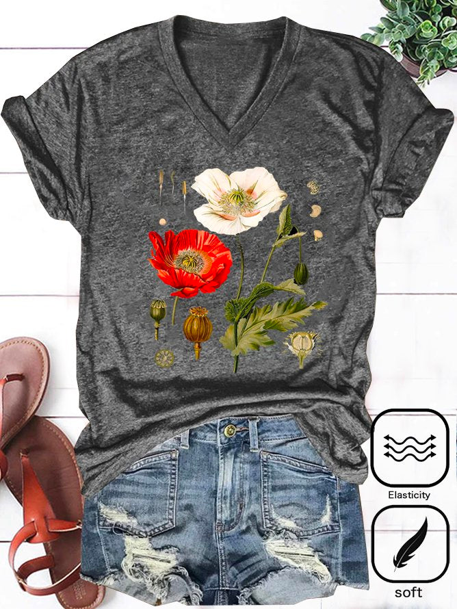 Casual V Neck Short Sleeve Floral Fashion Regular T-Shirt