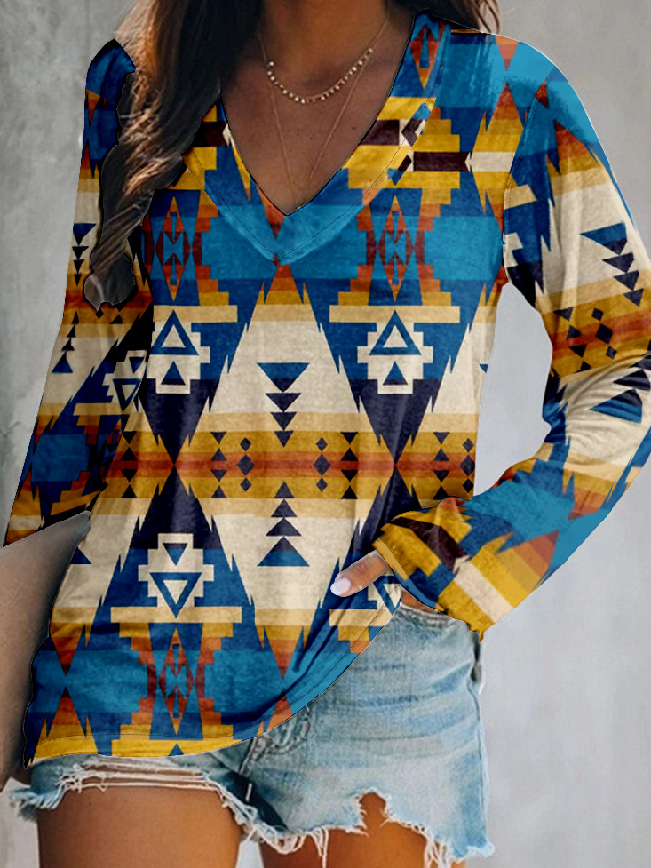 Loose V Neck Long Sleeve Ethnic Geometry Vintage Regular T-Shirt