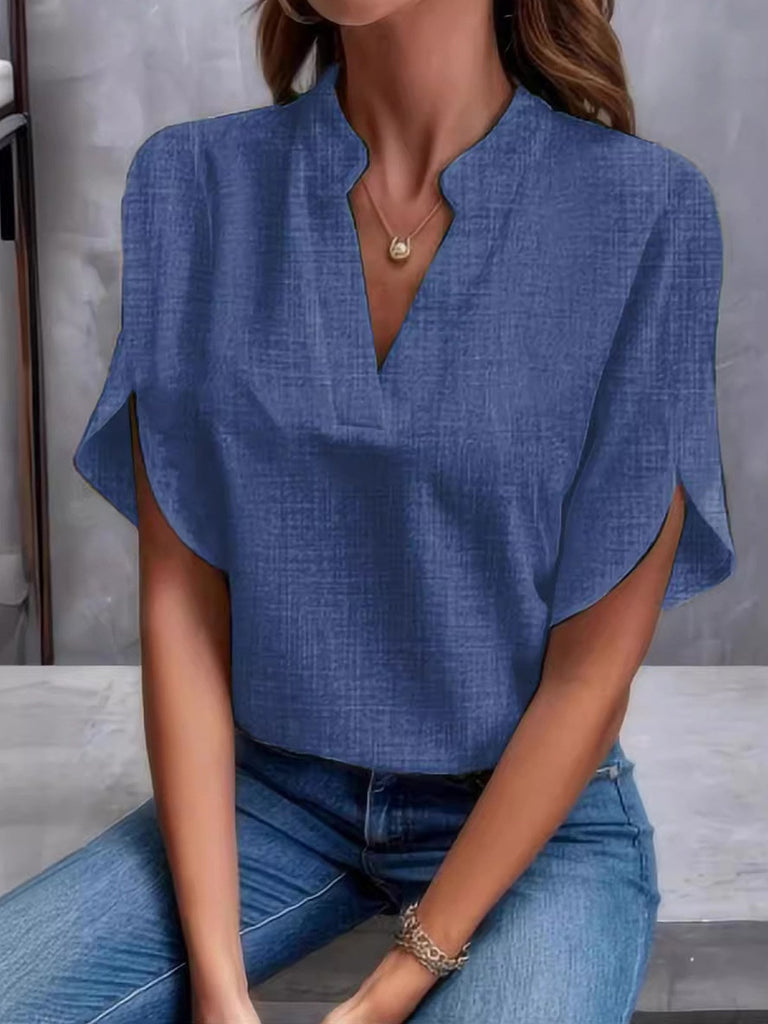 Fashion V Neck Short Sleeve Plain Regular Blouse