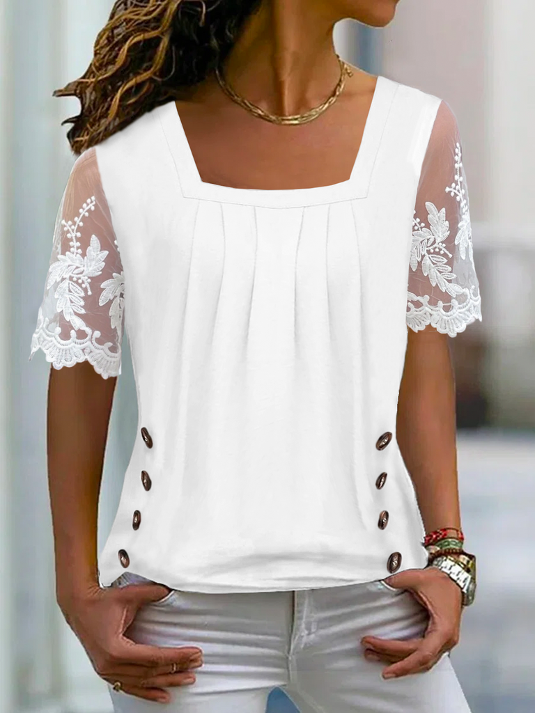 Loose Short Sleeve Square Neck Plain Fashion Regular Blouses