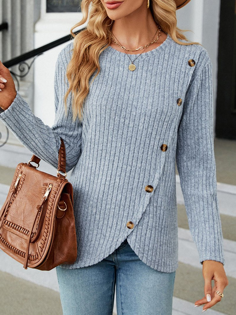 Fashion Crew Neck Long Sleeve Plain Irregular Craftsmanship Loose Regular T-Shirt