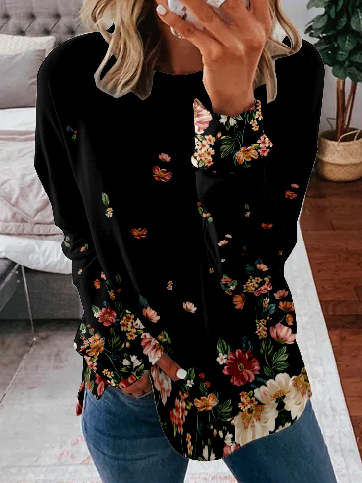 Fashion Crew Neck Long Sleeve Floral Casual Regular Sweatshirt