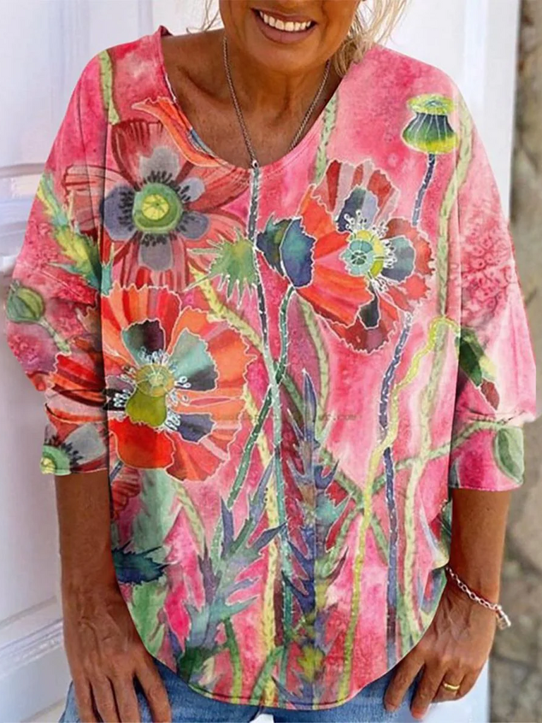 Fashion Crew Neck Long Sleeve Ethnic Floral Casual Regular T-Shirt