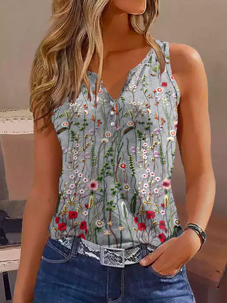 Casual Sleeveless Notched Floral Fashion Regular Tank Top