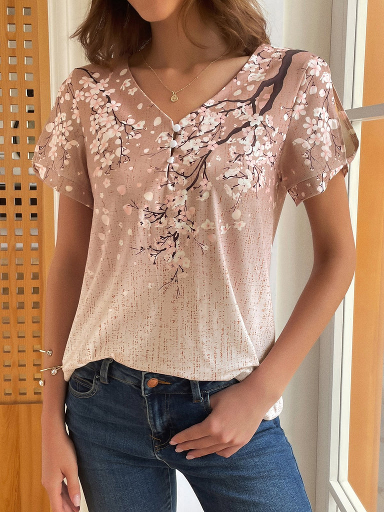 Fashion V Neck Short Sleeve Floral Loose Regular Blouse