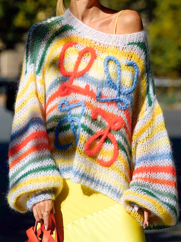 Fashion Crew Neck Long Sleeve Striped Loose Regular Sweater