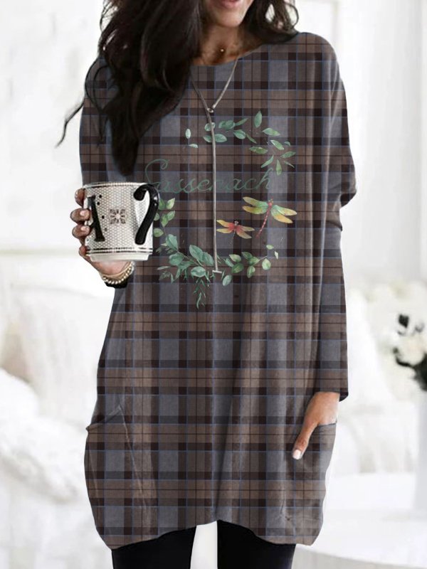 Crew Neck Long Sleeve Geometric Vintage Mid-Long T-Shirt