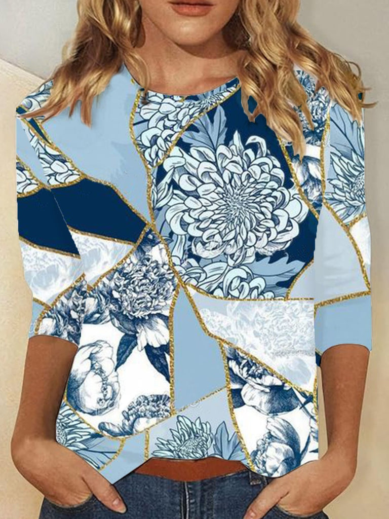 Fashion Crew Neck Long Sleeve Ethnic Floral Casual Regular T-Shirt