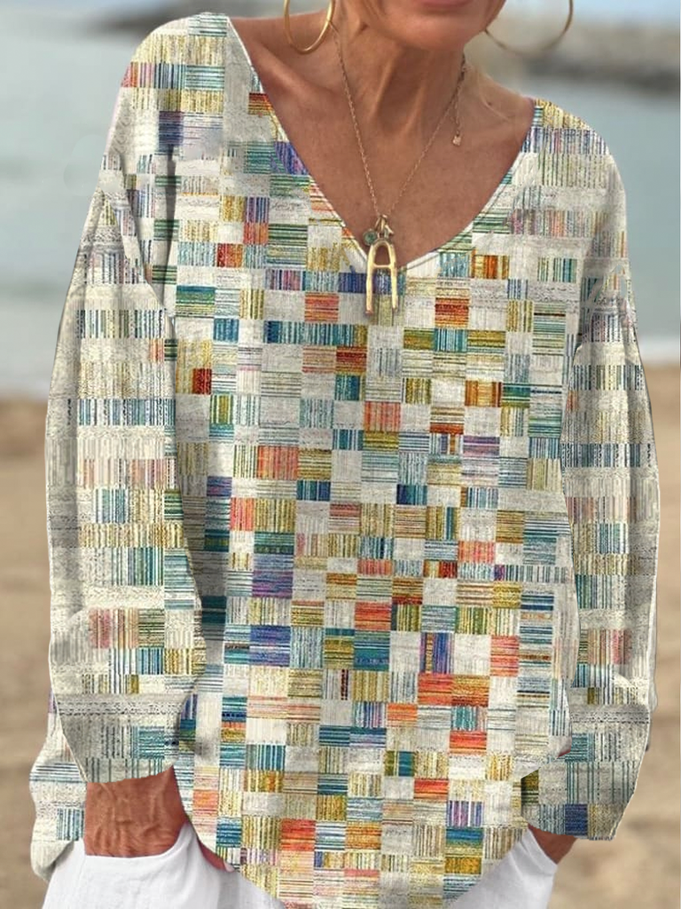 Fashion V Neck Long Sleeve Colorblock Loose Mid-Long Blouse
